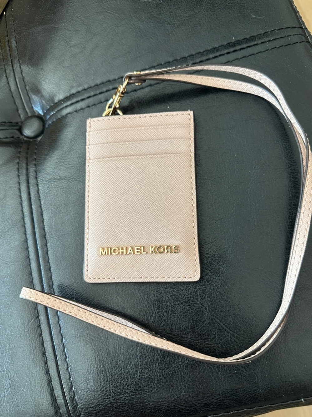 Michael Kors Pale Pink Saffiano Cardholder Lanyard with Gold Logo